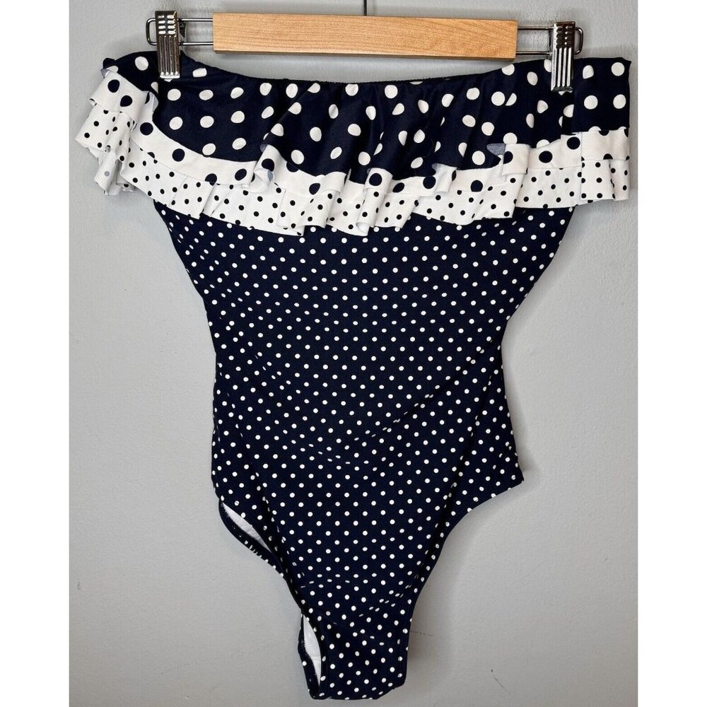 Beach House Swimsuit 12 retro Strapless Polka Dot Ruffle Blue White One Piece